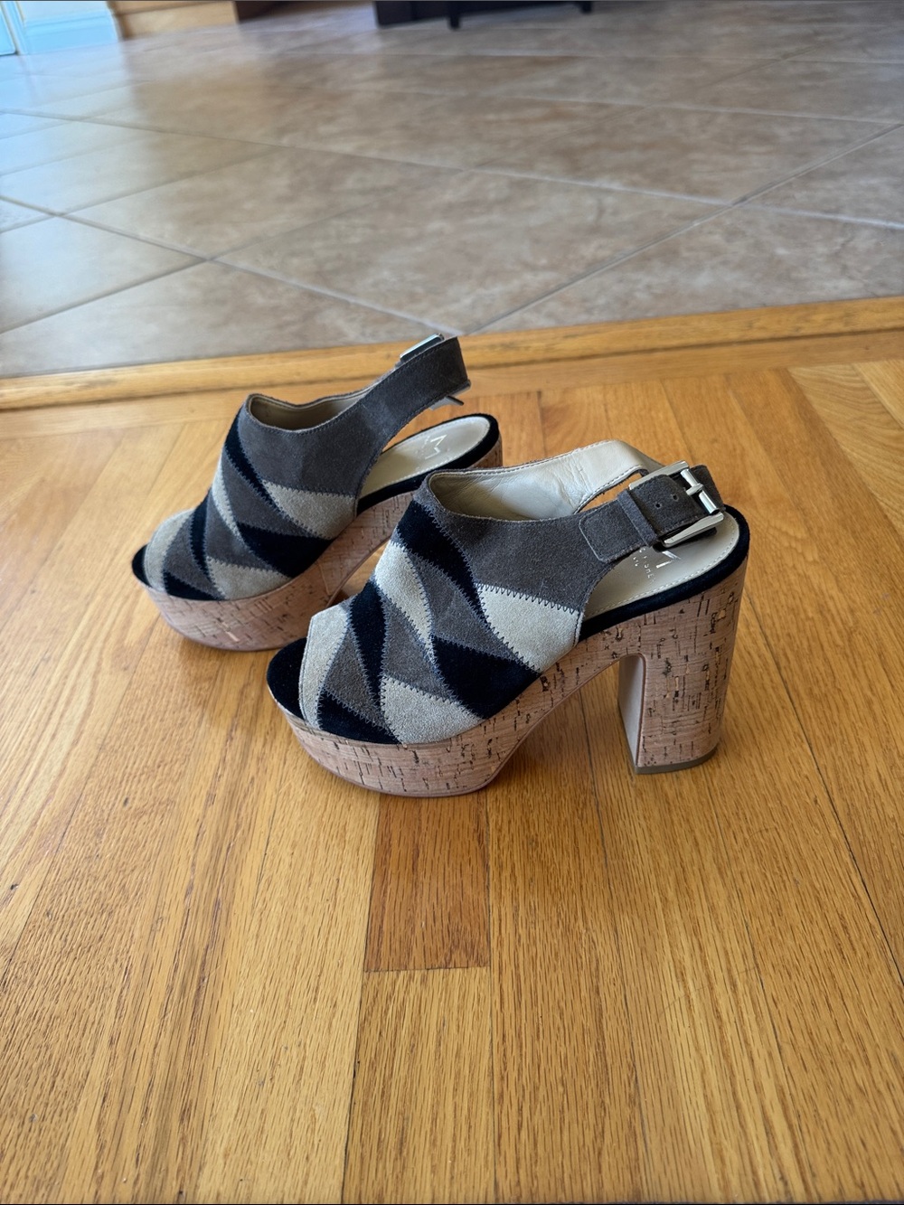 Marc Fisher Black, Gray & Cream Geometric Suede Platform Sandals